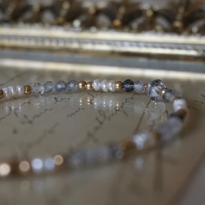 ll 暗夜微光的珍藏 ll 赫基蒙 淡水珍珠 黑髮晶 美國14kgf手鍊