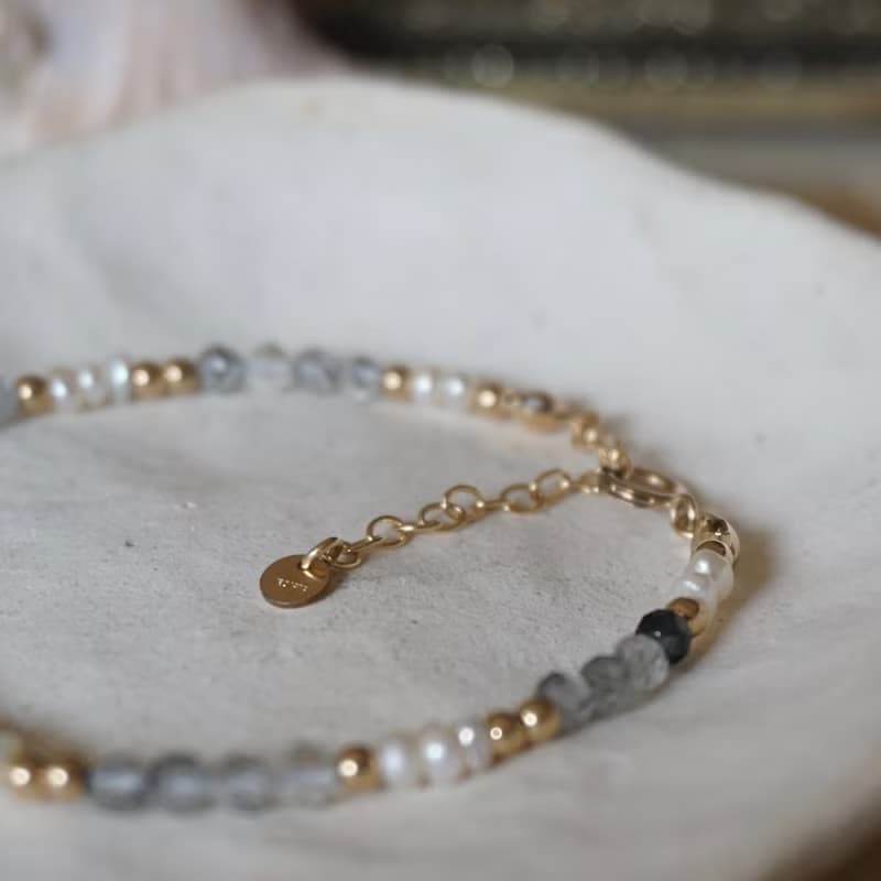 ll 暗夜微光的珍藏 ll 赫基蒙 淡水珍珠 黑髮晶 美國14kgf手鍊