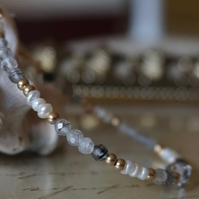 ll 暗夜微光的珍藏 ll 赫基蒙 淡水珍珠 黑髮晶 美國14kgf手鍊