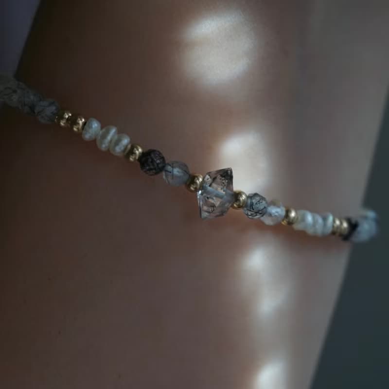 ll 暗夜微光的珍藏 ll 赫基蒙 淡水珍珠 黑髮晶 美國14kgf手鍊