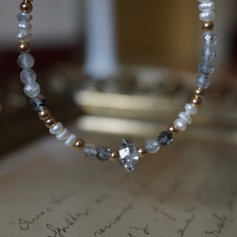 ll 暗夜微光的珍藏 ll 赫基蒙 淡水珍珠 黑髮晶 美國14kgf手鍊