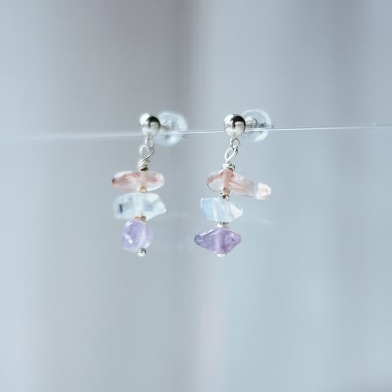 月白系 | 凝露 - 純銀 透明 水晶 礦石 月光石 輕珠寶 耳環