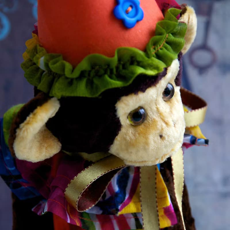 Teddy monkey clown Marik created with vintage plush