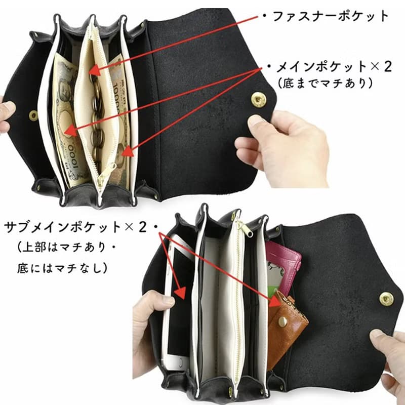 日本職人手工 摺邊多夾層牛皮錢包/側背包Made in Japan by CHAM