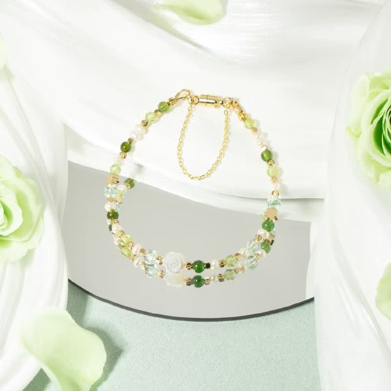 綠色玫瑰花 - 翠幽靈 橄欖石 綠碧璽 白蝶貝 天然石手鍊