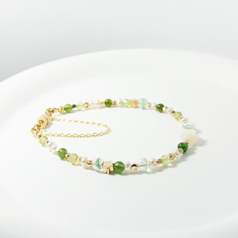 綠色玫瑰花 - 翠幽靈 橄欖石 綠碧璽 白蝶貝 天然石手鍊