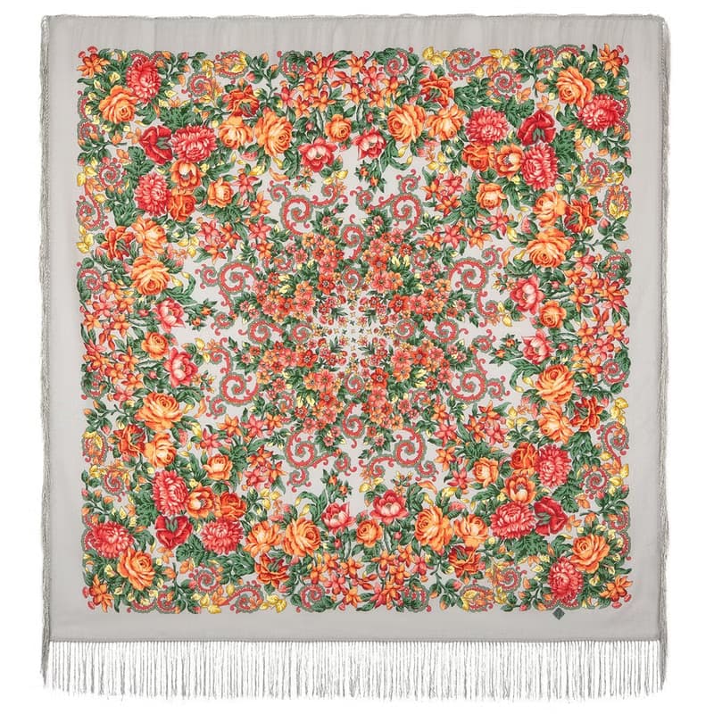Pavlovo Posad Russian Shawl 100% Wool Scarf 125x125 cm Wrap Silk Fringe 511-1