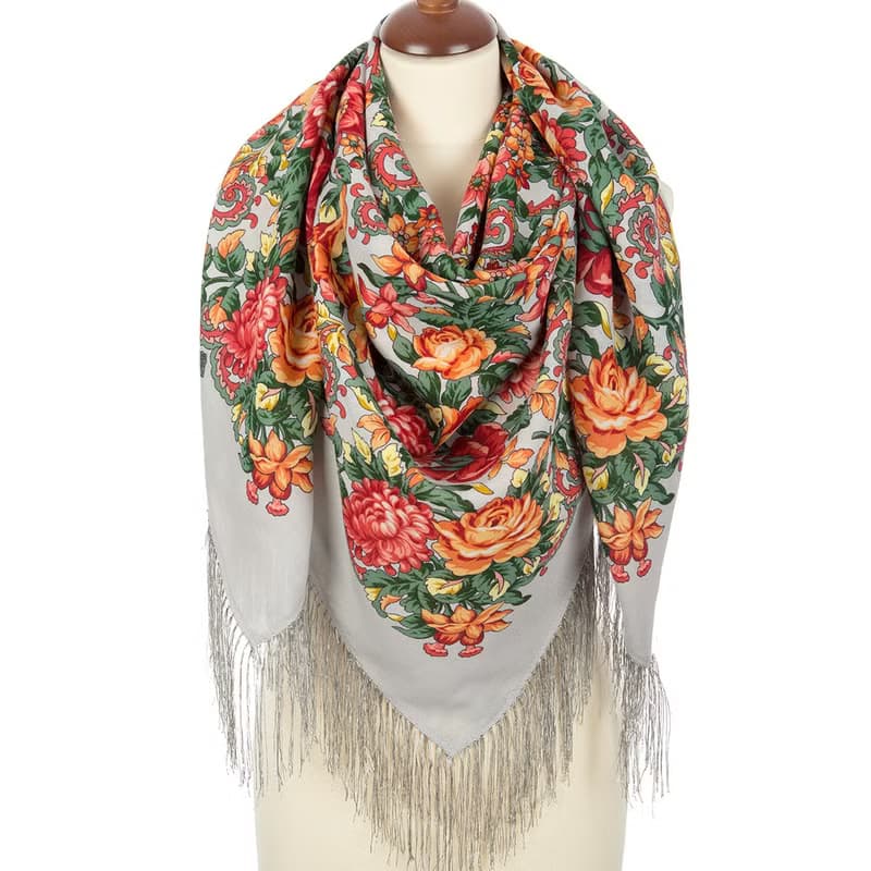 Pavlovo Posad Russian Shawl 100% Wool Scarf 125x125 cm Wrap Silk Fringe 511-1