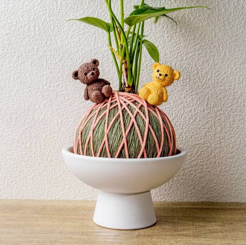 苔球植物 粉紅火鶴墨綠苔球加磨砂高腳缽 加小熊公仔 情人節禮物