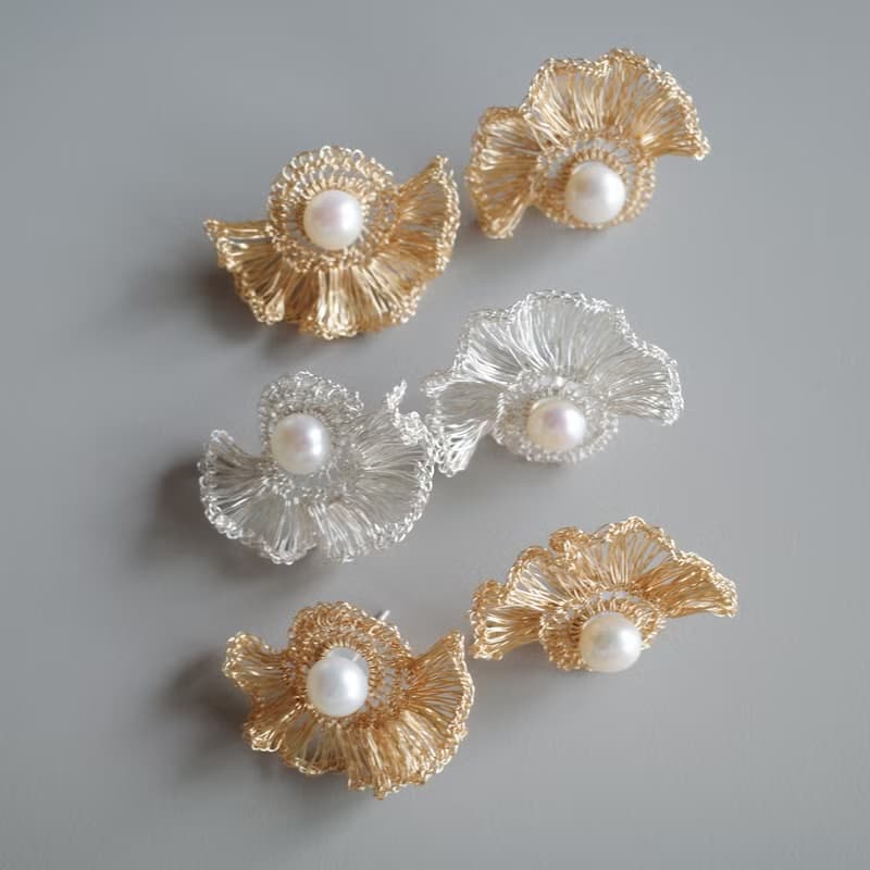 小褶邊和珍珠的耳飾 – 手工鉤織兩用款 銀色