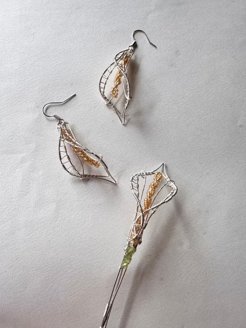 金屬編織胸針耳環套組—海芋