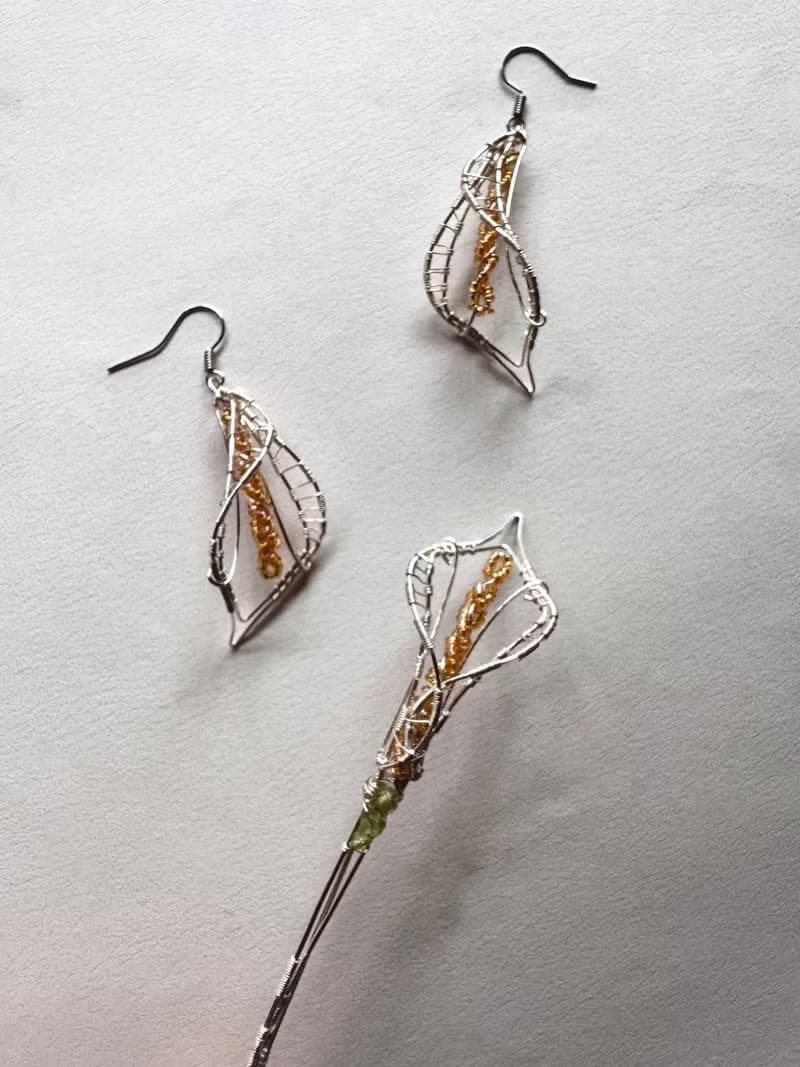 金屬編織胸針耳環套組—海芋
