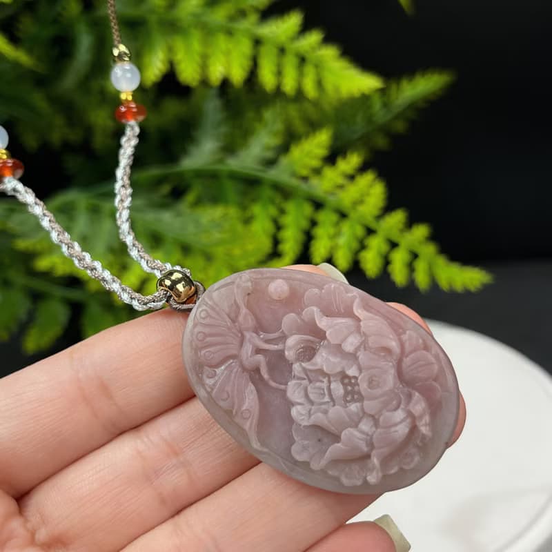 高品質鹽源瑪瑙吊墜項錬粉紫啞光手雕蝶戀花幸福花開富貴吉祥如意