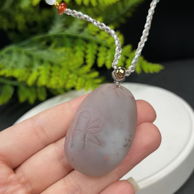 高品質鹽源瑪瑙吊墜項錬粉紫啞光手雕蝶戀花幸福花開富貴吉祥如意