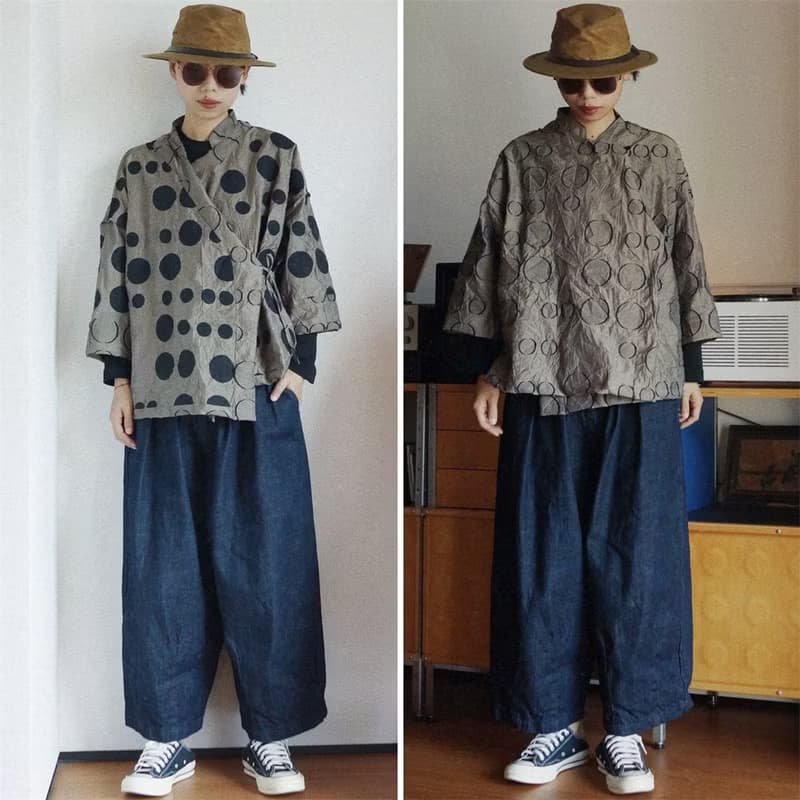 咖啡色 中式圓點雙面穿 大波點絲麻面料 寬鬆百搭春夏短外套