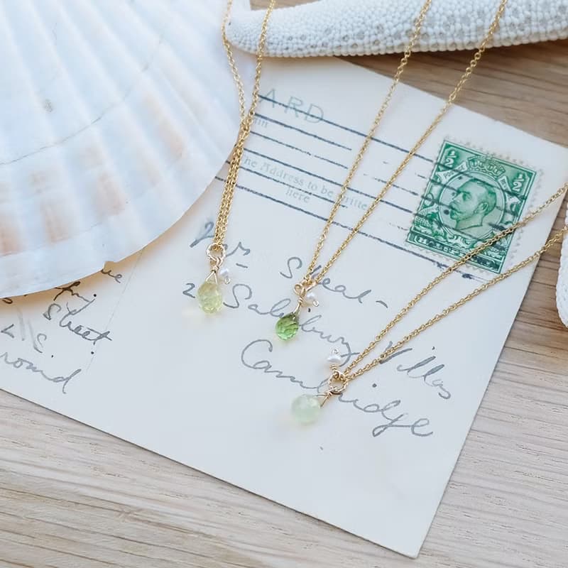 生日石 寶石項鍊 橄欖石 | 黃水晶 | 葡萄石 14K 包金 可碰水
