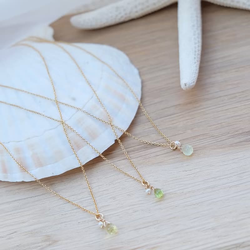 生日石 寶石項鍊 橄欖石 | 黃水晶 | 葡萄石 14K 包金 可碰水