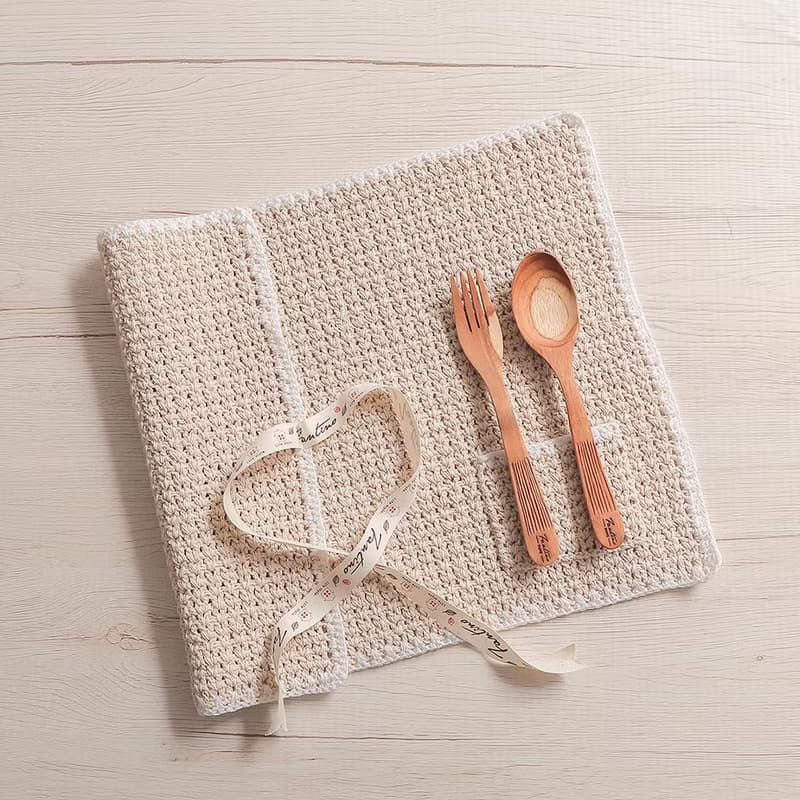 職人手作針織編織餐墊/餐具收納袋/生日禮/環保(不含餐具)-米白色/交換禮物