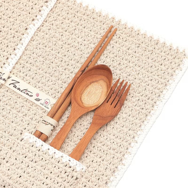 職人手作針織編織餐墊/餐具收納袋/生日禮/環保(不含餐具)-米白色/交換禮物