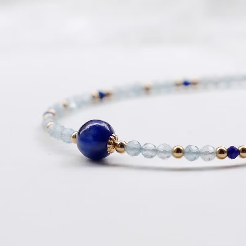 藍晶石 海藍寶 青金石 美國14KGF 極細天然石手鍊