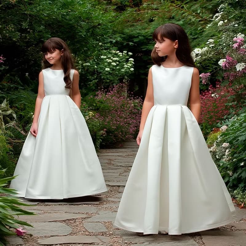 適合婚禮 生日和其他節日的 V 型領口緞面花童禮服