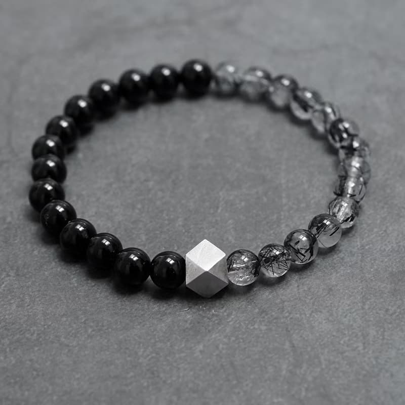 BLACK天然黑發晶手鏈 VISHI未時s925純銀八棱男女情侶潮串珠自制