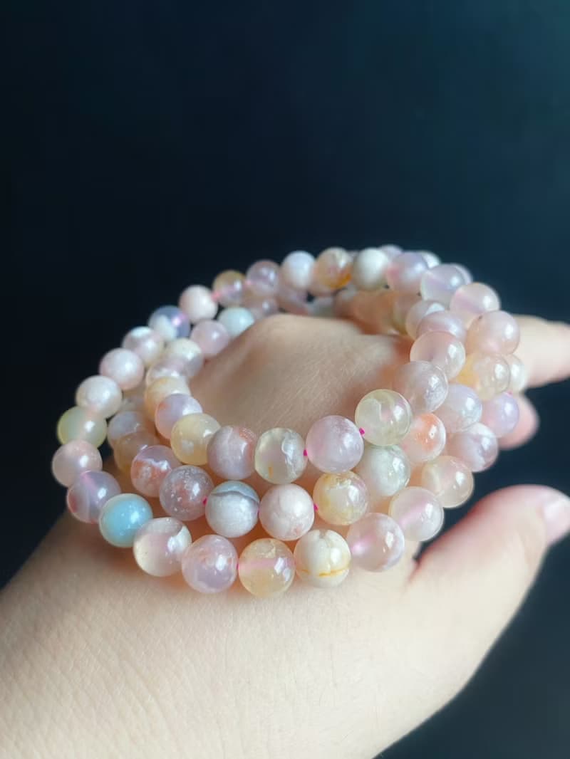 孤品 永恒的花 櫻花瑪瑙 多彩 多圈 手鍊 天然石 禮物 獨一無二