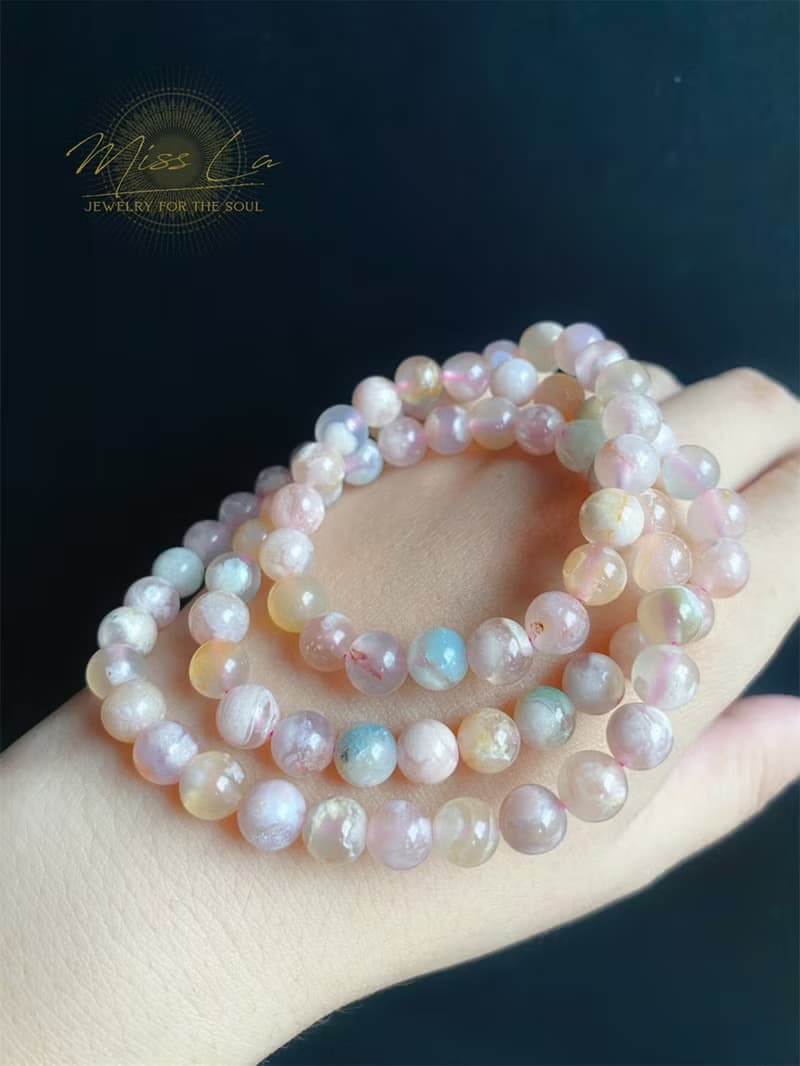 孤品 永恒的花 櫻花瑪瑙 多彩 多圈 手鍊 天然石 禮物 獨一無二