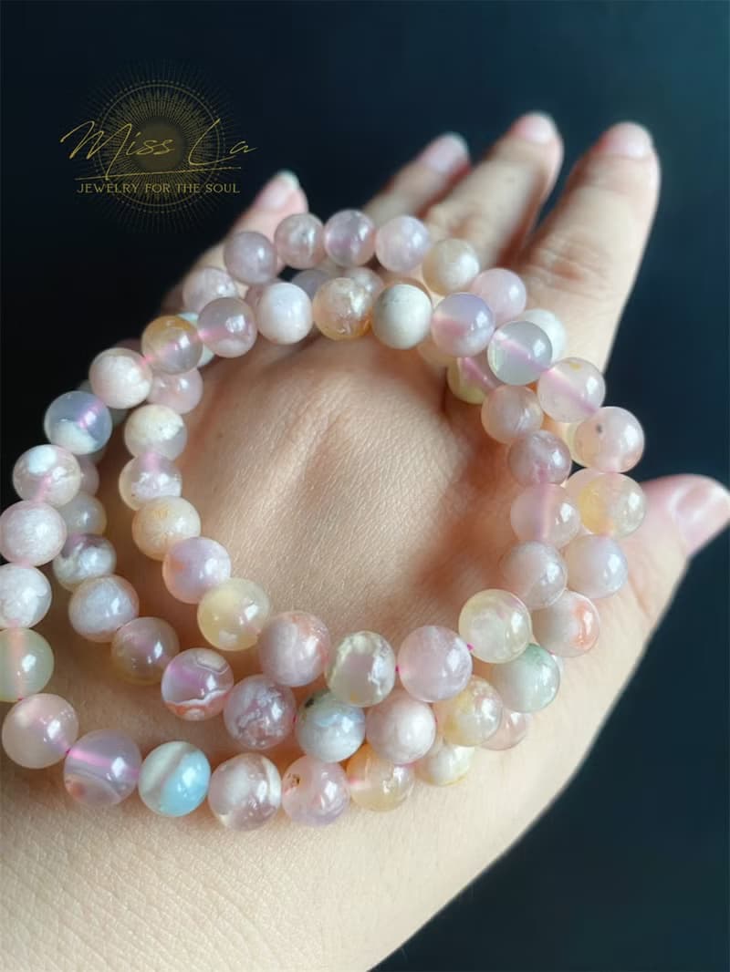 孤品 永恒的花 櫻花瑪瑙 多彩 多圈 手鍊 天然石 禮物 獨一無二