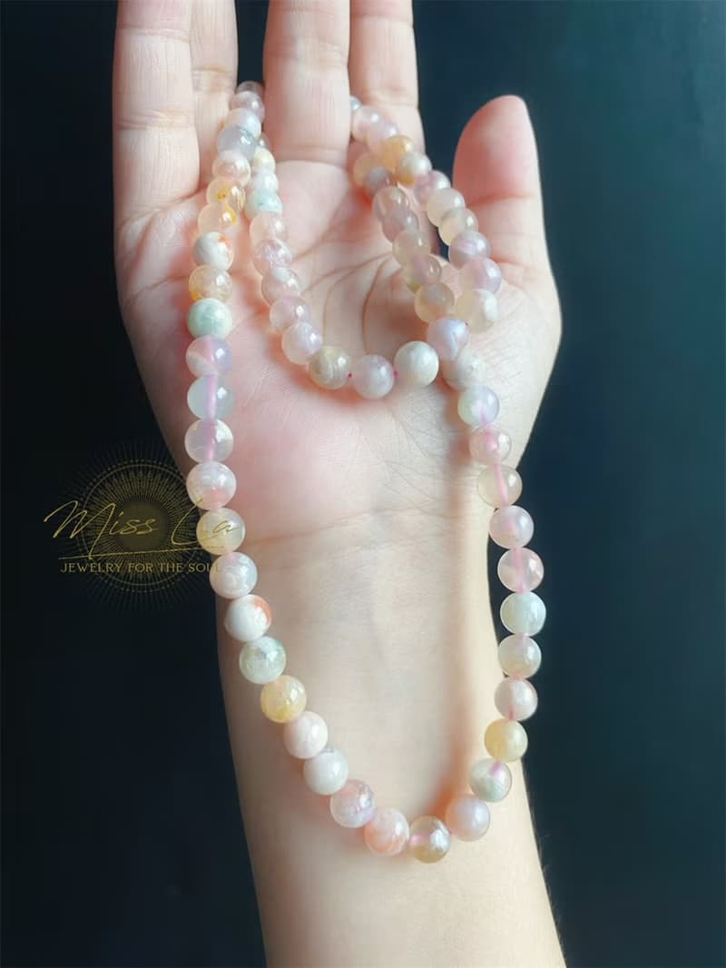 孤品 永恒的花 櫻花瑪瑙 多彩 多圈 手鍊 天然石 禮物 獨一無二