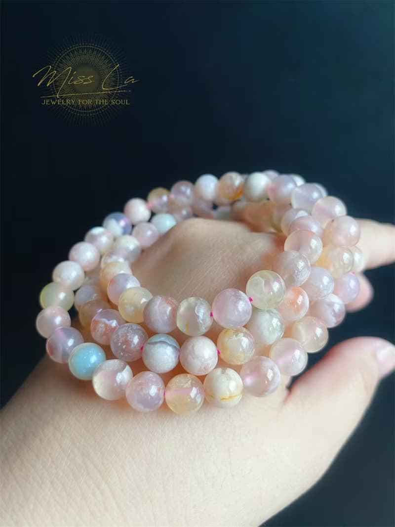 孤品 永恒的花 櫻花瑪瑙 多彩 多圈 手鍊 天然石 禮物 獨一無二