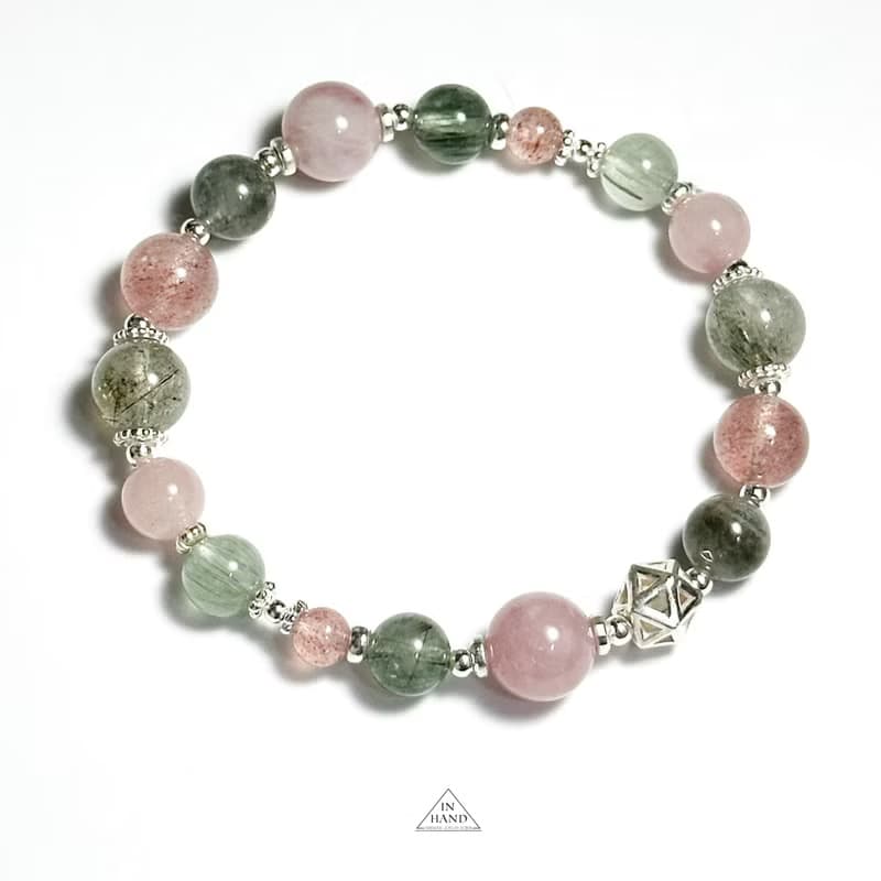 莓果薄荷特調-綠幽靈.草莓晶.綠髮晶.粉晶 設計款手鍊