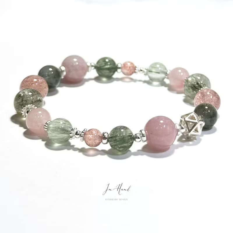 莓果薄荷特調-綠幽靈.草莓晶.綠髮晶.粉晶 設計款手鍊