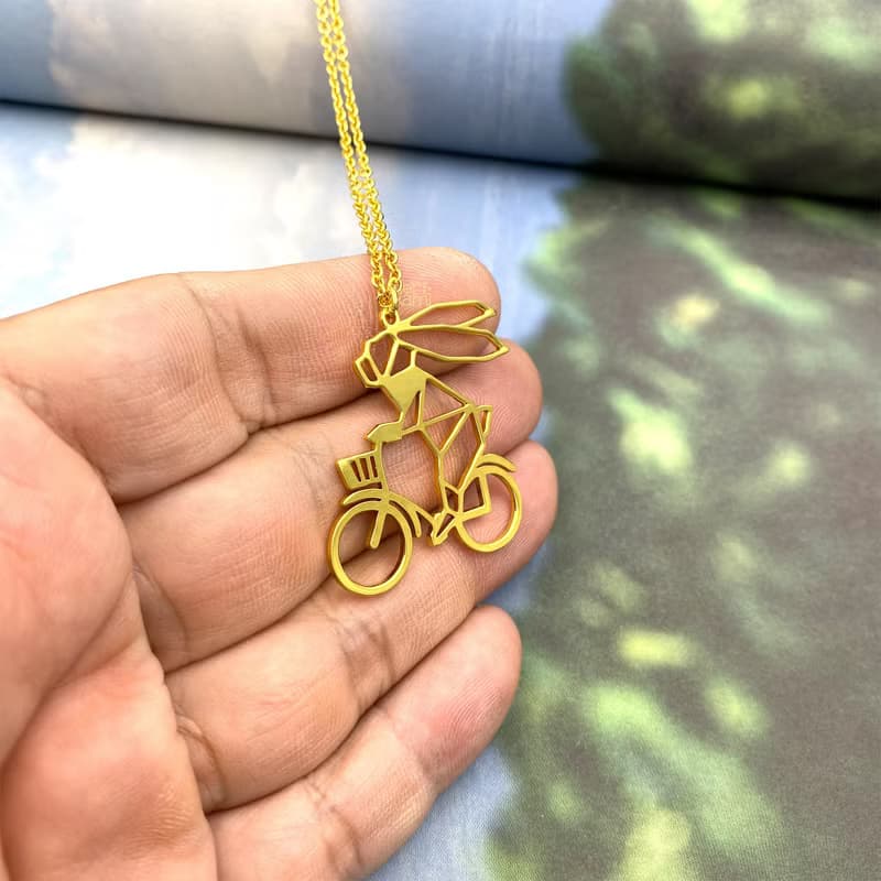 Rabbit riding bicycle Necklace, Animal Jewelry, Gift for her