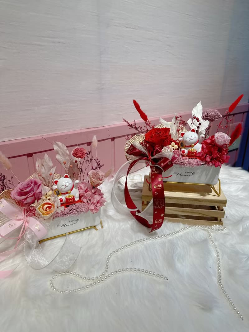 喜滋滋花藝開幕花禮-招財貓永生花盆花(開幕誌慶/升遷/喬遷 祝賀)