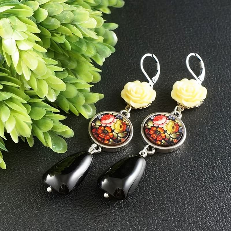 Yellow Rose Black Teardrop A la Russe Zhostovo Flowers Floral Earrings Jewelry