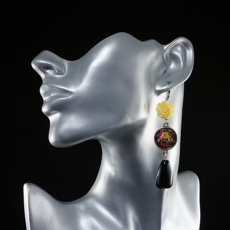 Yellow Rose Black Teardrop A la Russe Zhostovo Flowers Floral Earrings Jewelry