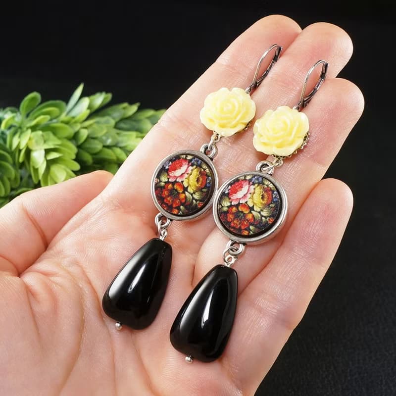 Yellow Rose Black Teardrop A la Russe Zhostovo Flowers Floral Earrings Jewelry