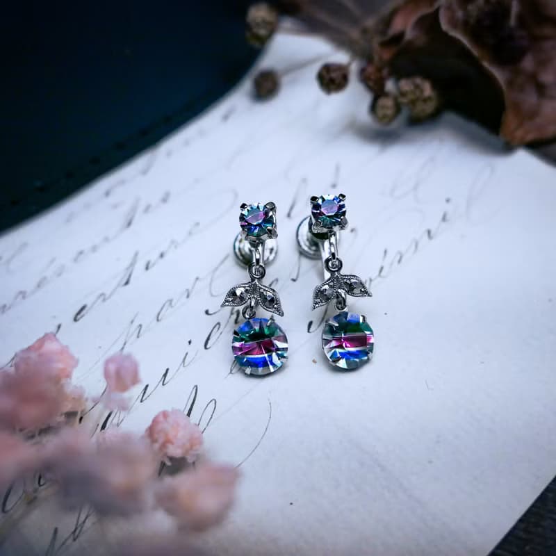 德國 彩虹萊茵石芽草純銀耳環—歐洲古董首飾 Vintage Jewelry