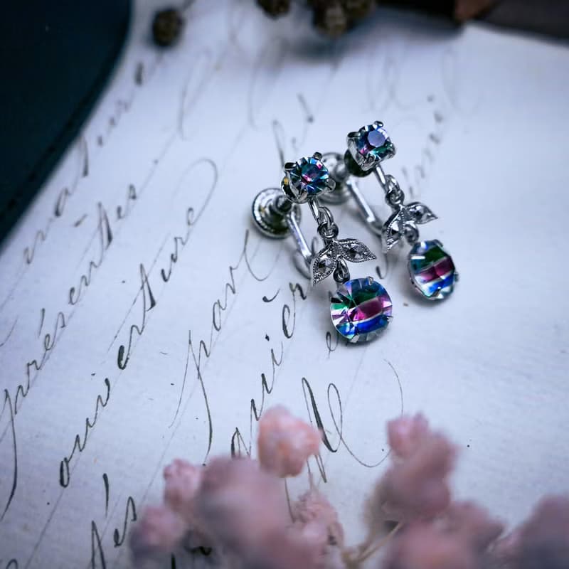 德國 彩虹萊茵石芽草純銀耳環—歐洲古董首飾 Vintage Jewelry