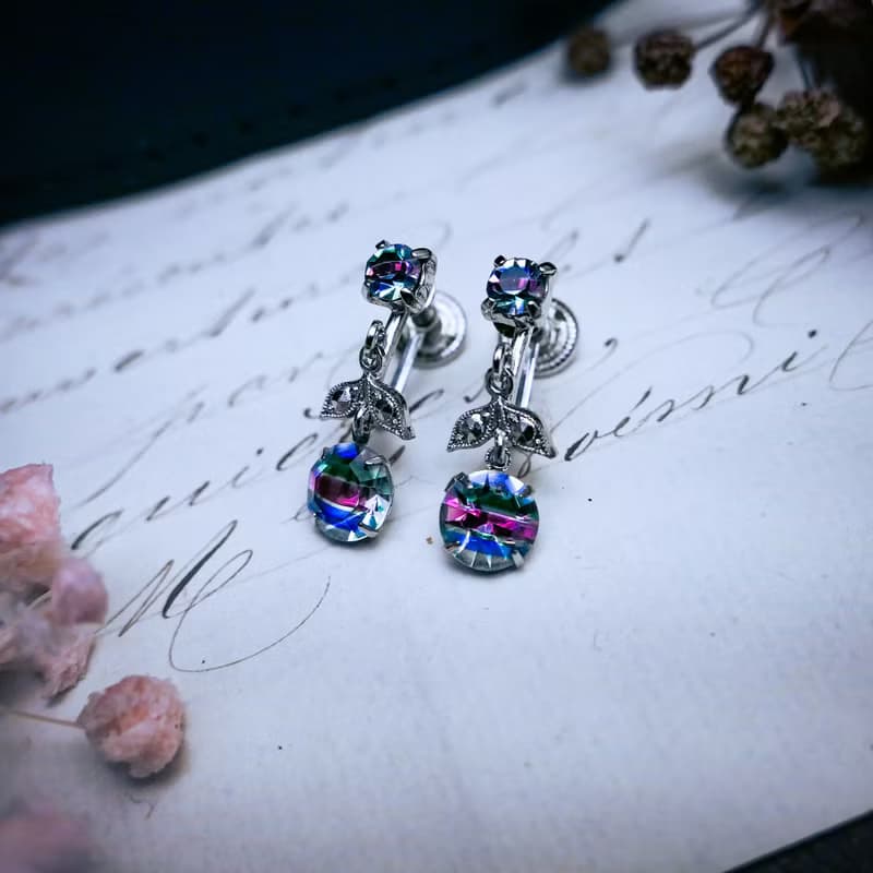 德國 彩虹萊茵石芽草純銀耳環—歐洲古董首飾 Vintage Jewelry