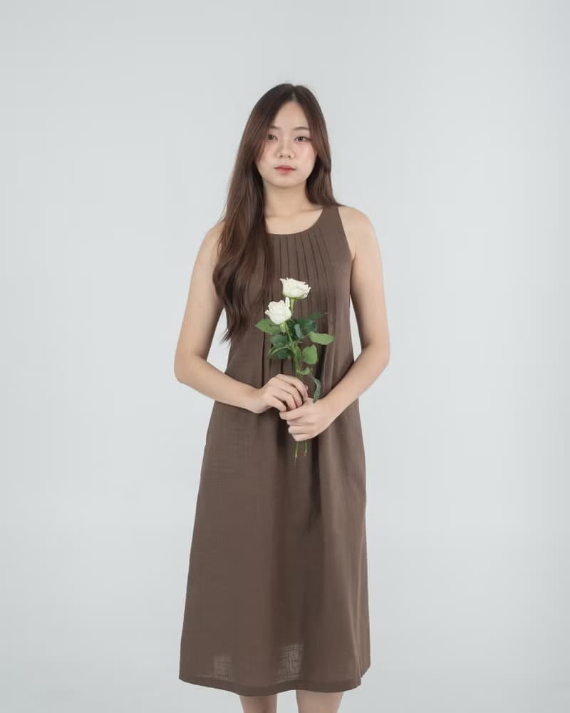 巧克力棕前摺亞麻麻纖混紡寬鬆洋裝