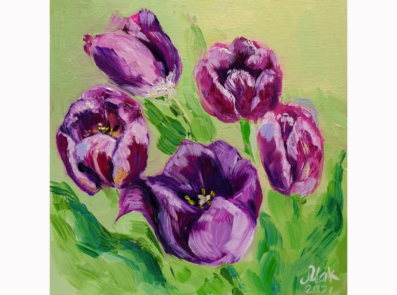 Tulip Oil Painting Floral Original Art Small Kitchen Painting Pink Flower Canvas