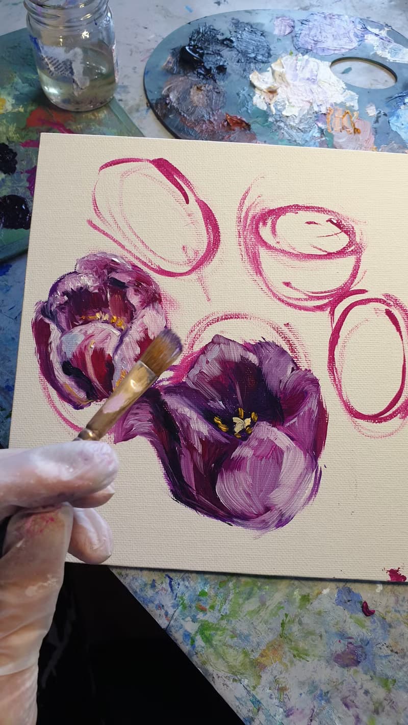 Tulip Oil Painting Floral Original Art Small Kitchen Painting Pink Flower Canvas