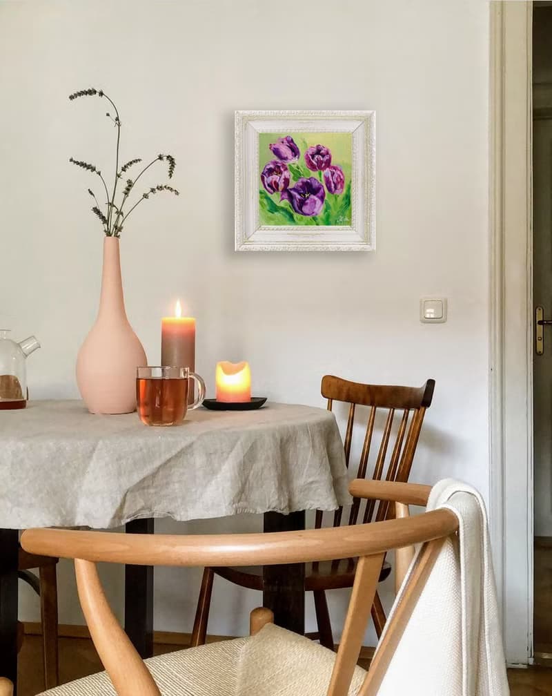 Tulip Oil Painting Floral Original Art Small Kitchen Painting Pink Flower Canvas