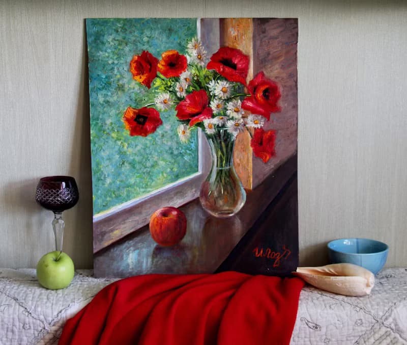 Poppy Painting Original Art Flowers Artwork Bouquet in vase