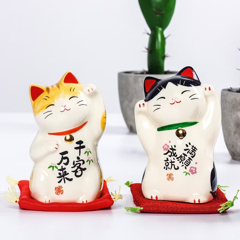 日本藥師窯彩繪滿願成就招財貓心想事成陶瓷擺件生日學業禮物車載