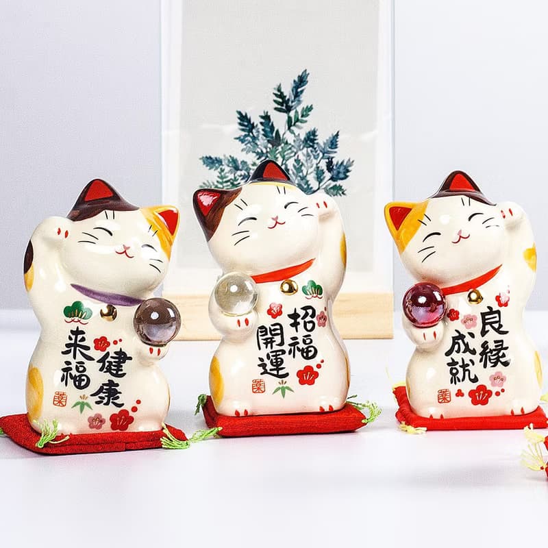 日本藥師窯彩繪滿願成就招財貓心想事成陶瓷擺件生日學業禮物車載