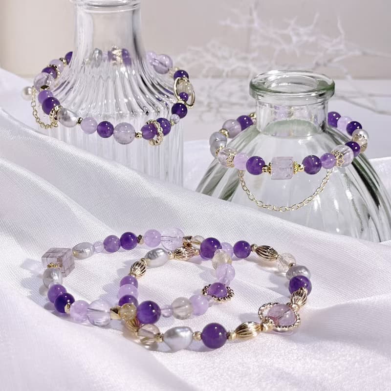 香榭浮光  紫水晶 | 巴洛克淡水珍珠 | 金髮晶 |水晶手鍊 A03-2