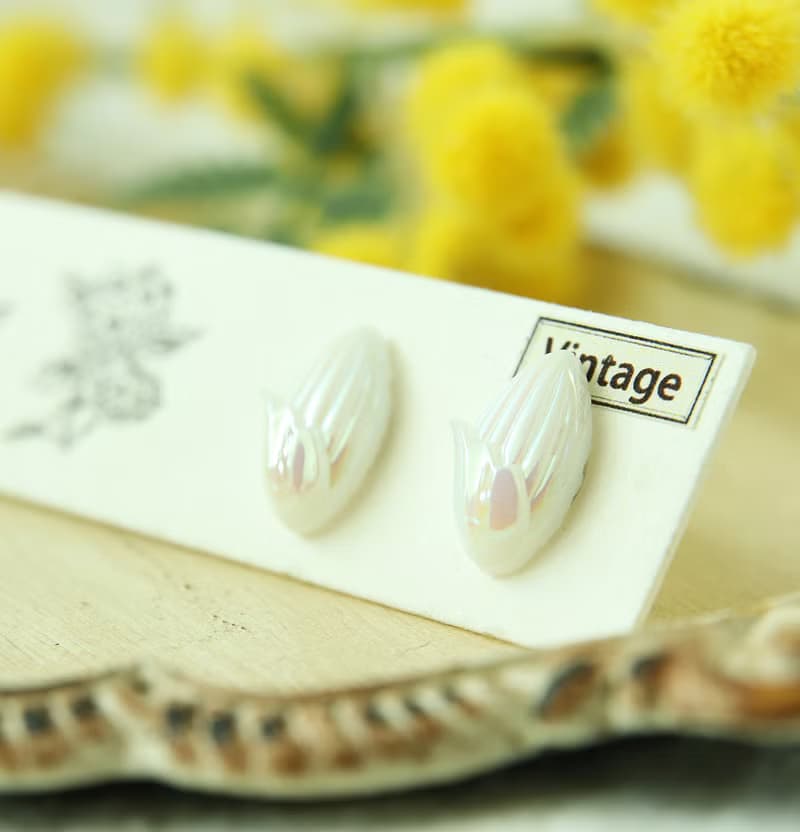 幻彩 柔閃 百合花 小巧耳針 罕見 懷舊 純銀耳針 耳夾OK